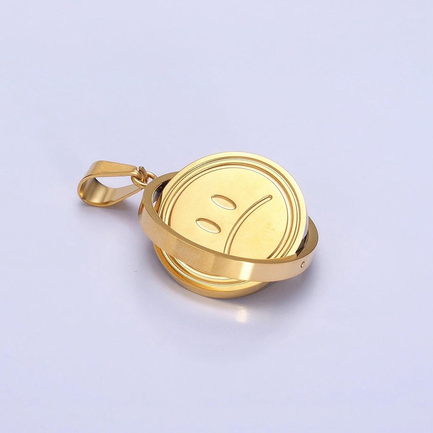 Emotion charm emoticon inspired stainless steel spinning double sided happy face & sad face pendant in gold silver | p-1121