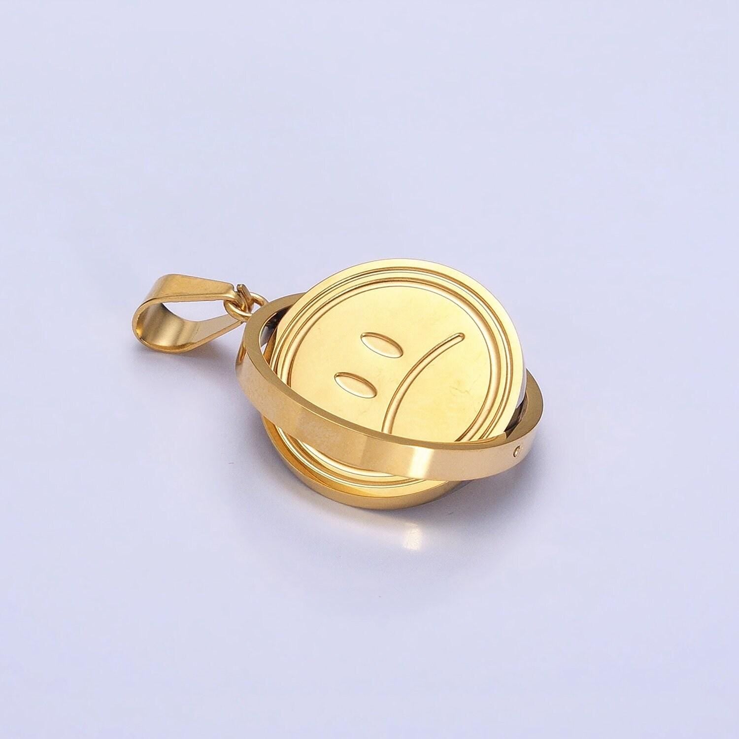 Emotion charm emoticon inspired stainless steel spinning double sided happy face & sad face pendant in gold silver | p-1121