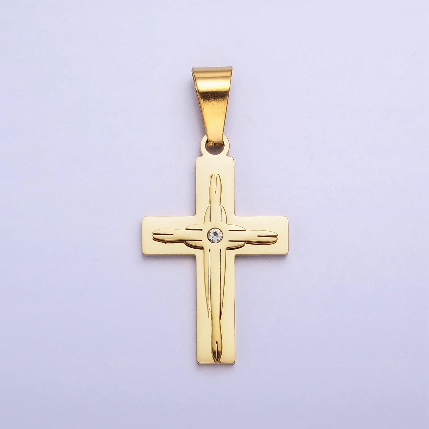 Mens cross pendant textured, stainless steel, religious, gifts for him, necklace charm for religious jewelry making supply p-1117