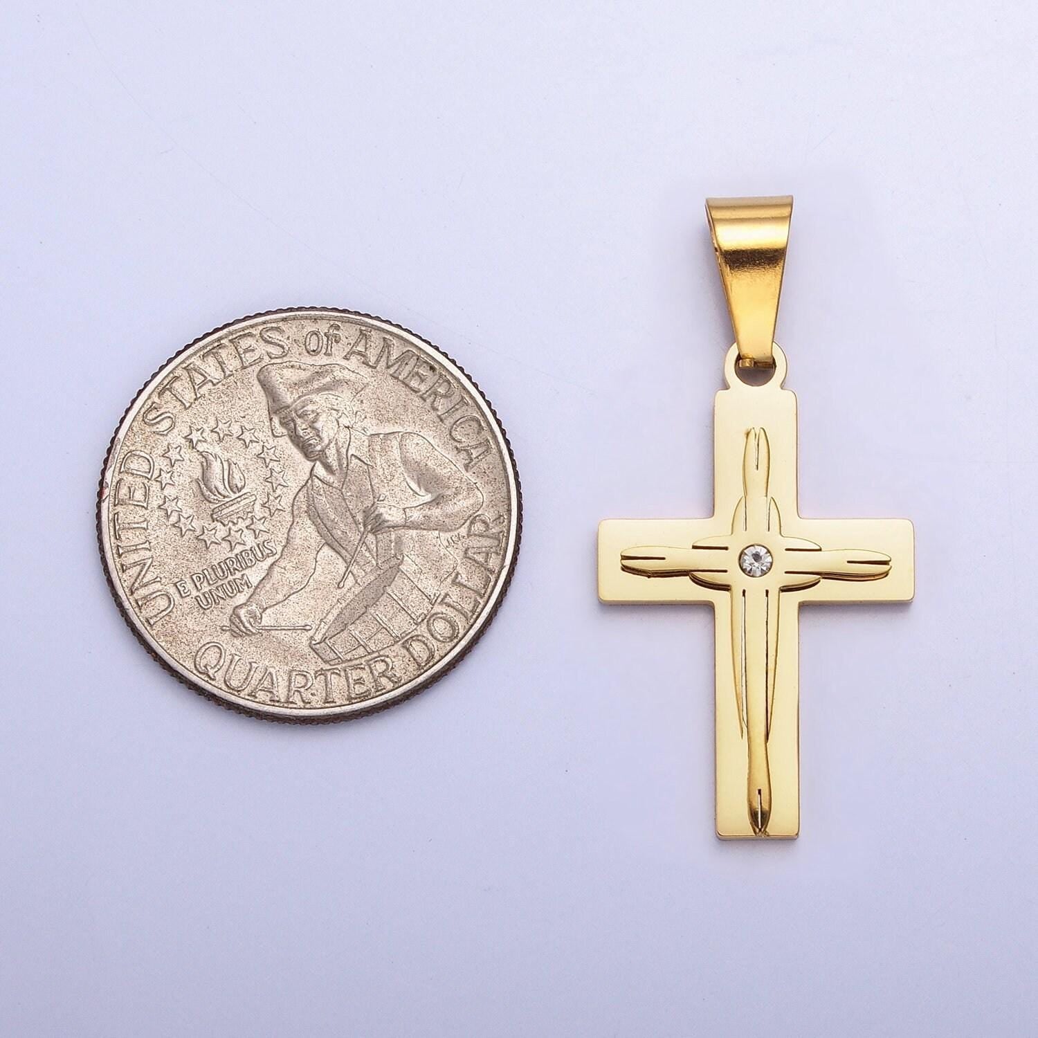 Mens cross pendant textured, stainless steel, religious, gifts for him, necklace charm for religious jewelry making supply p-1117