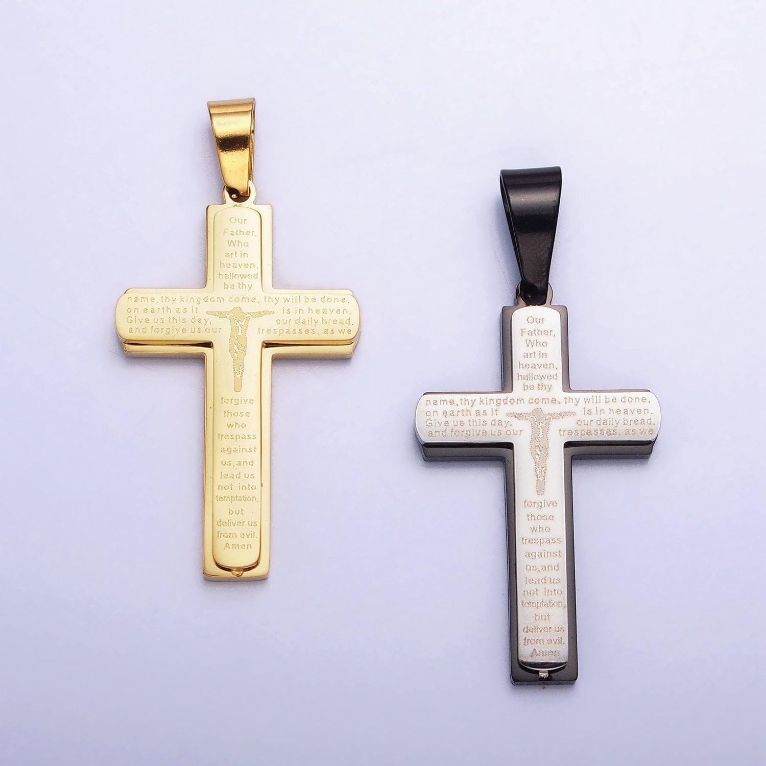 Large crucifix cross lords prayer our father men catholic christian religious pendant gold heavy stainless steel unisex silver cross p-1115