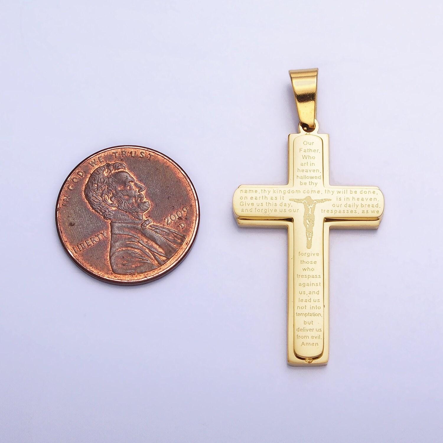 Large crucifix cross lords prayer our father men catholic christian religious pendant gold heavy stainless steel unisex silver cross p-1115