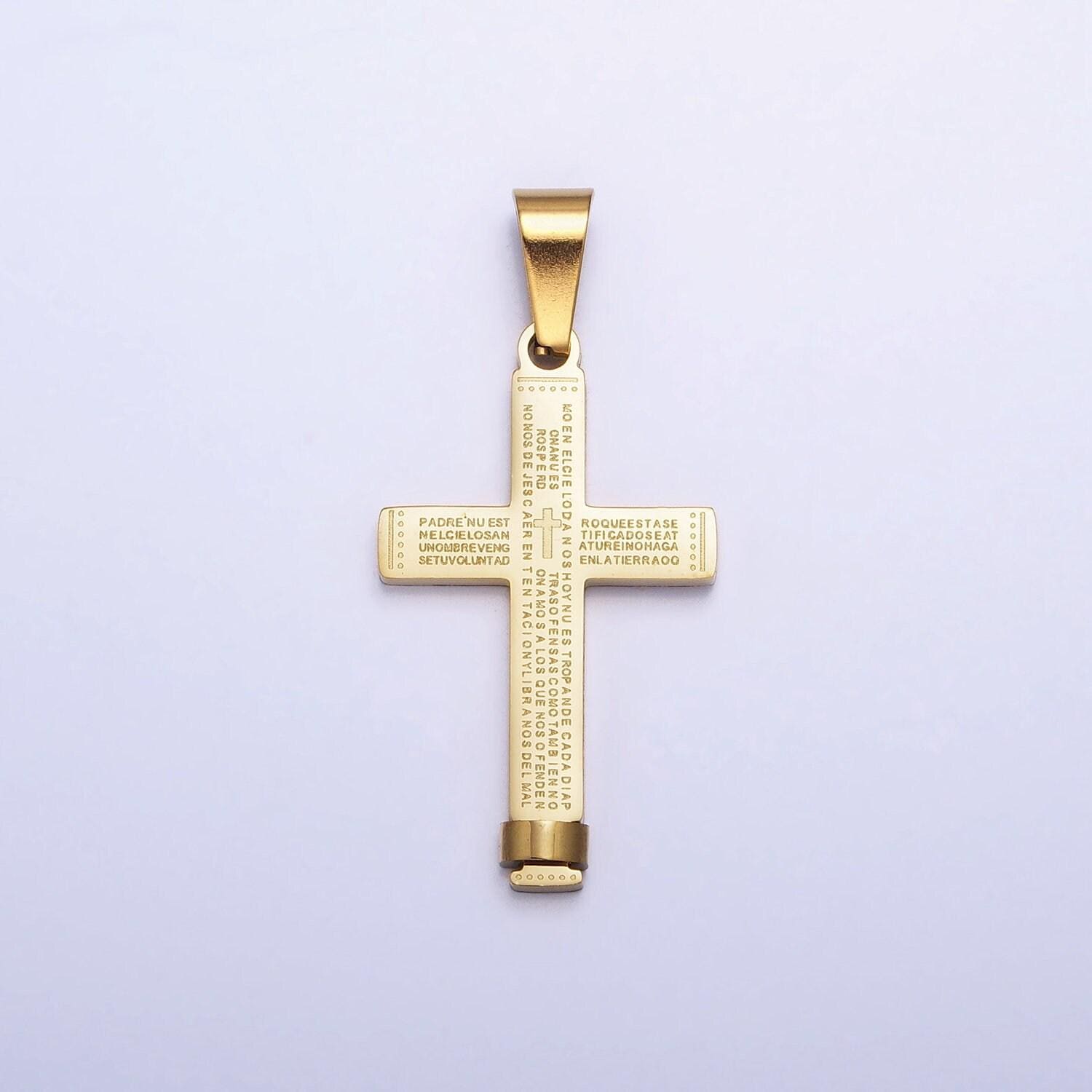 Gold padre nuestro cross pendant, lord prayer in spanish cross stainless steel cross pendant men unisex religious jewelry p-1113