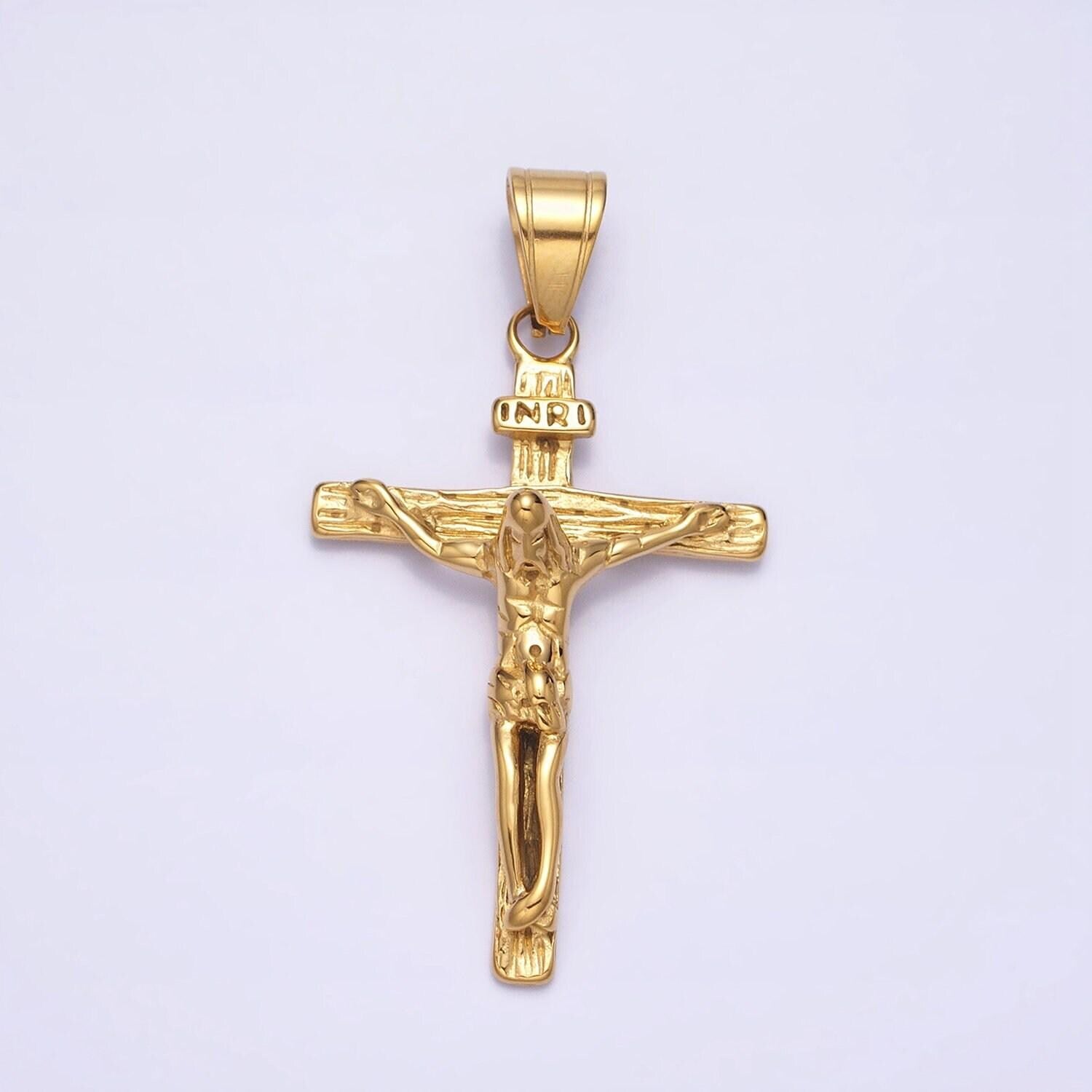 Gold jesus crucifix pendant, silver cross religious jewelry making for men, gift for father, stainless steel man unisex necklace p-1112