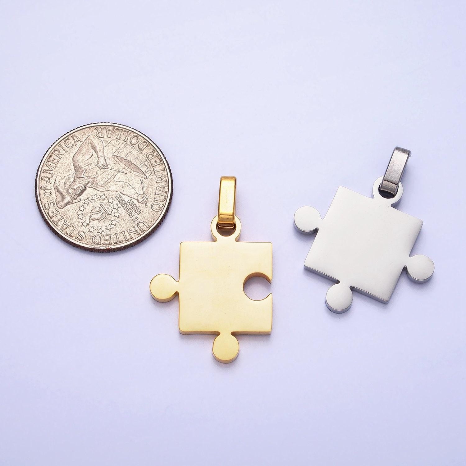 Stainless steel two puzzle pieces pendant in silver & gold autism awareness jewelry inspired | p-1109