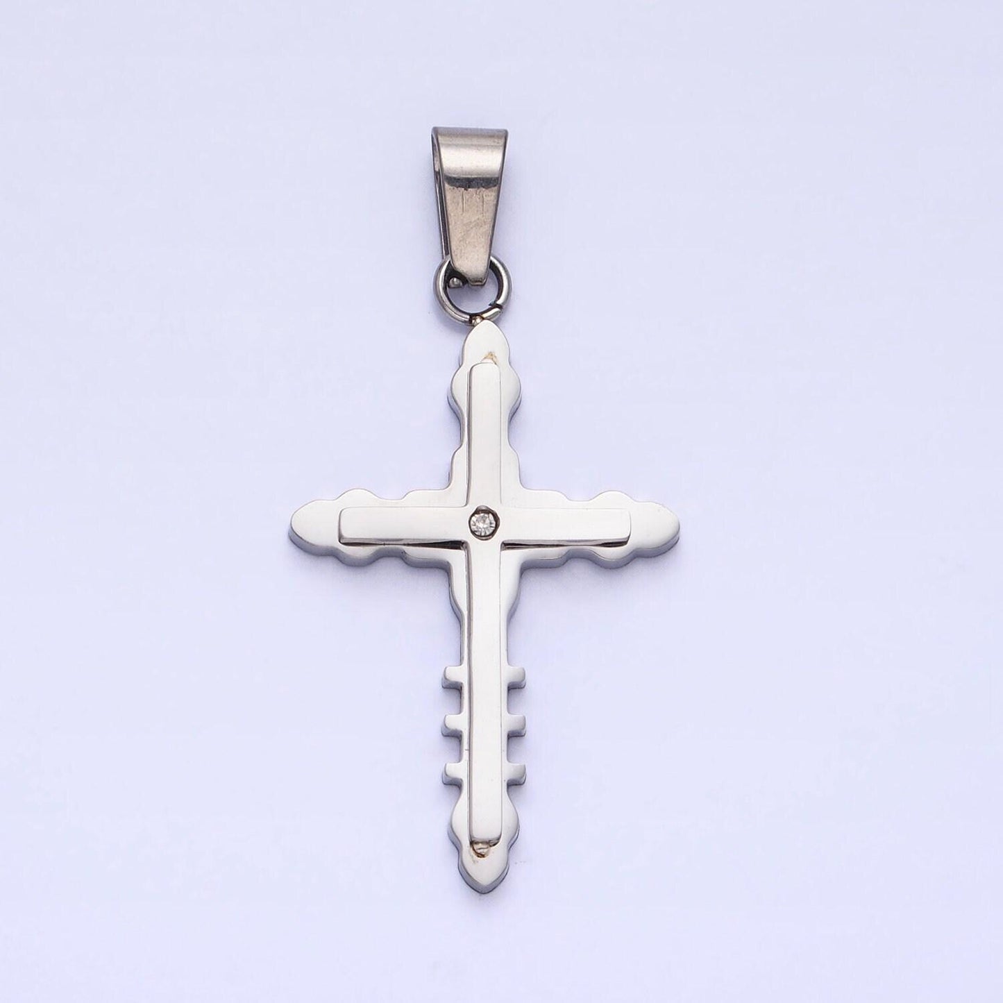 Stainless steel geometric engraved religious cross pendant with cz in silver & gold | p-1081
