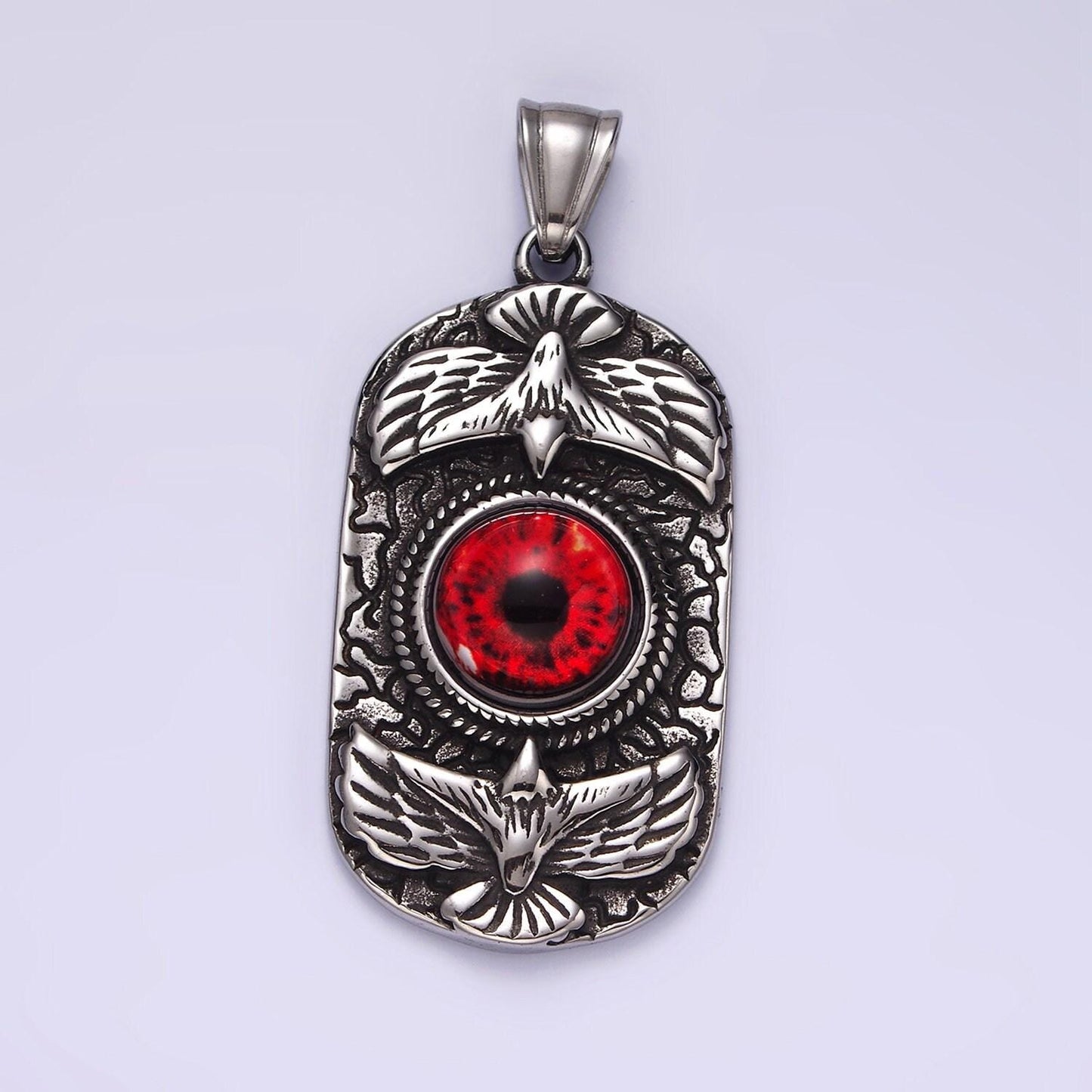 Stainless steel 50mm red eye double bird textured oblong pendant | p1062