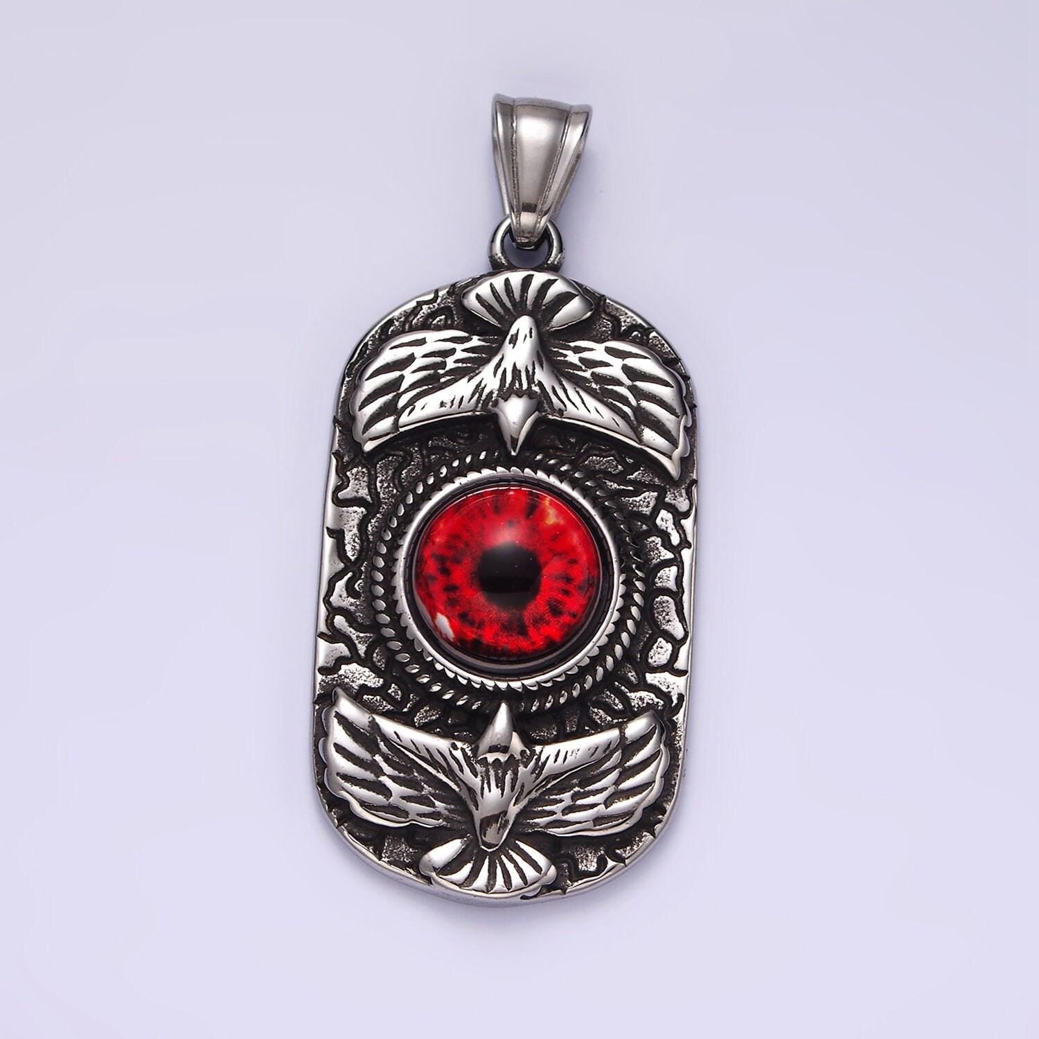 Stainless steel 50mm red eye double bird textured oblong pendant | p1062