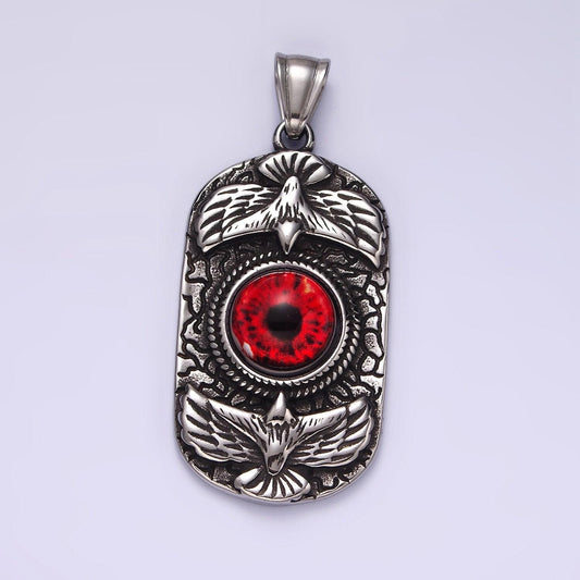 Stainless steel 50mm red eye double bird textured oblong pendant | p1062