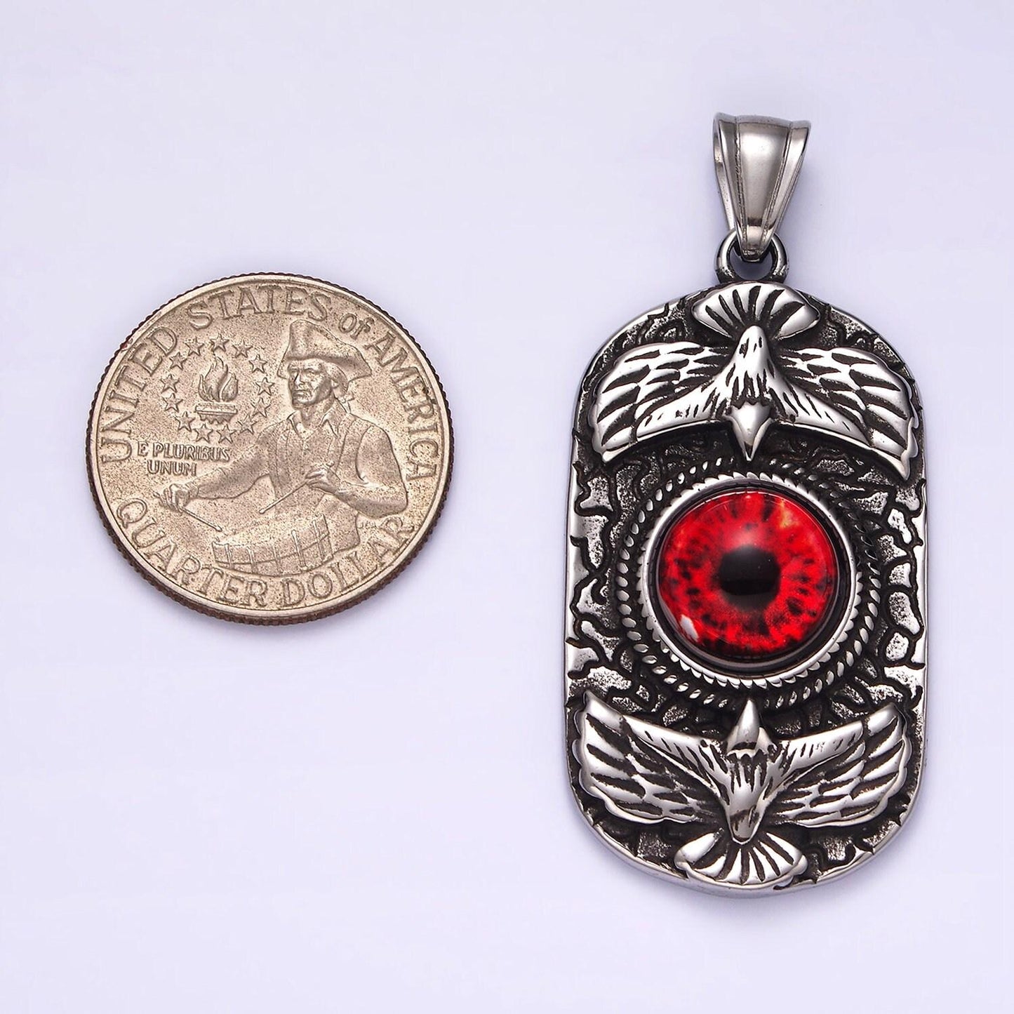 Stainless steel 50mm red eye double bird textured oblong pendant | p1062