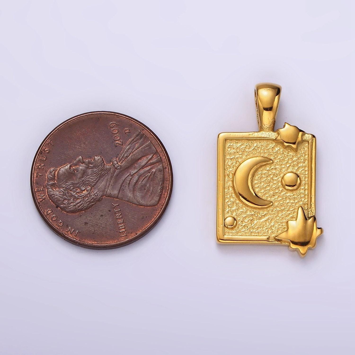 Stainless steel celestial moon stars textured rectangular tag pendant in gold & silver | p1054 p1055