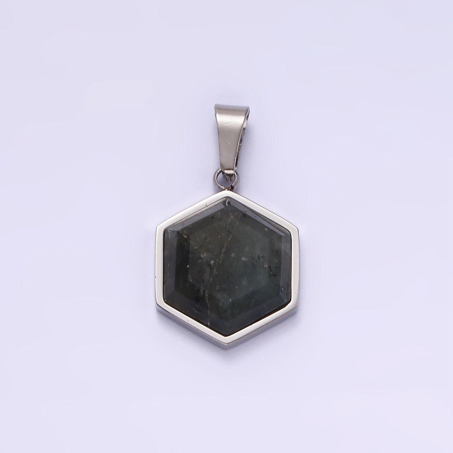 Stainless steel labradorite hexagonal bezel pendant in gold & silver | P1052