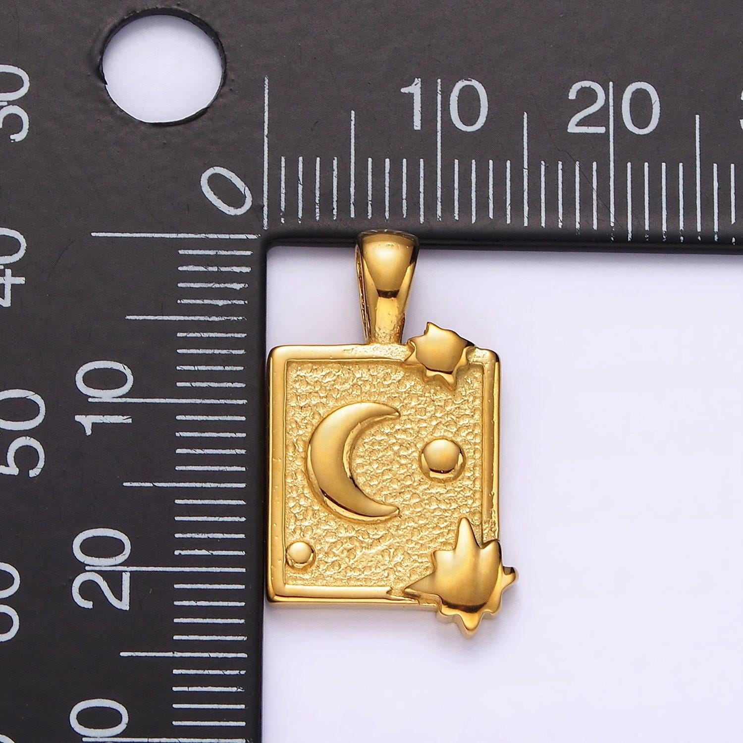 Stainless steel celestial moon stars textured rectangular tag pendant in gold & silver | p1054 p1055
