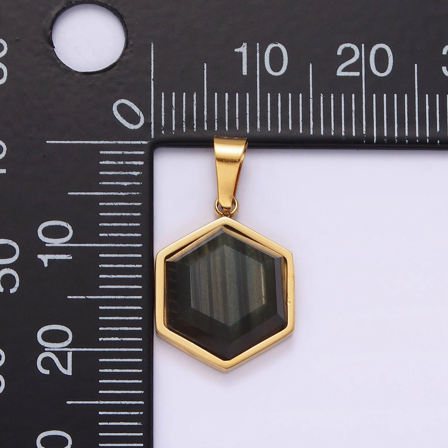 Stainless steel labradorite hexagonal bezel pendant in gold & silver | P1052