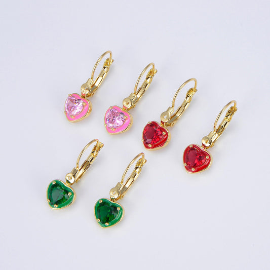 1pair women heart crystals earrings drop dangle lever back hoop earrings for girl green red pink cubic stone for everyday wear p105