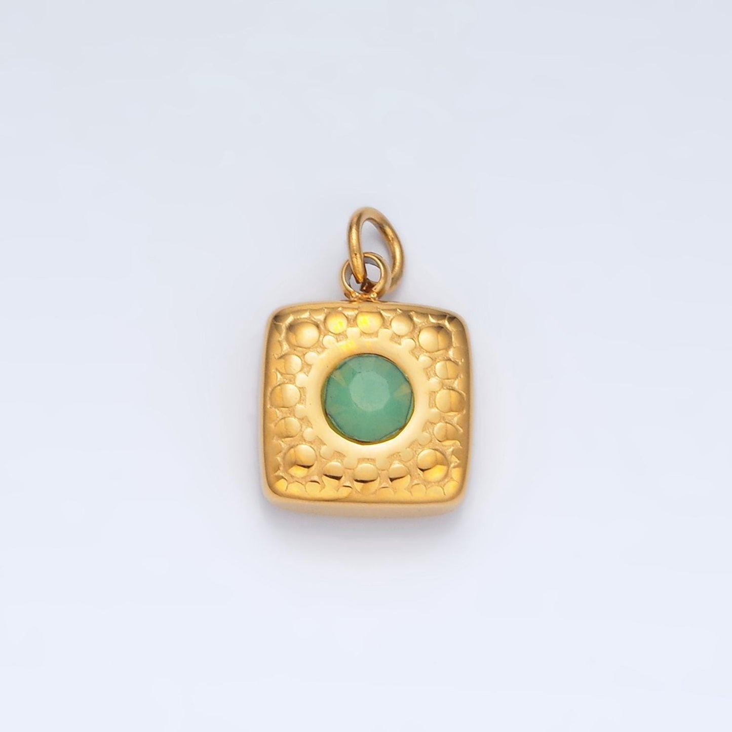 Stainless steel 9mm green aventurine cz textured square mini charm | p-1040