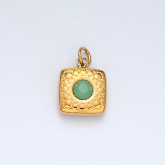 Stainless steel 9mm green aventurine cz textured square mini charm | p-1040