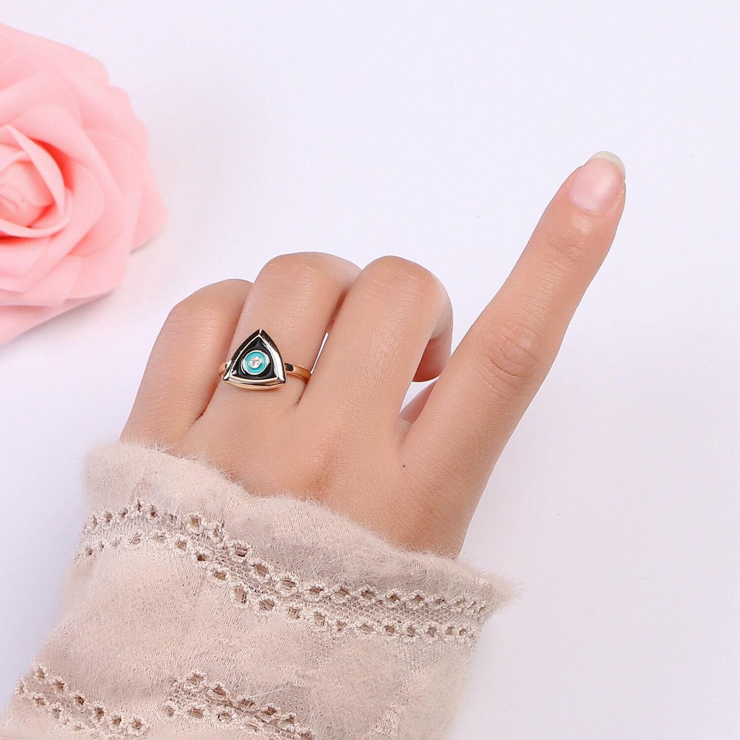 1x evil eye ring ,gold open adjustable ring minimalist jewelry enamel triangle ring everyday wear white black red o335