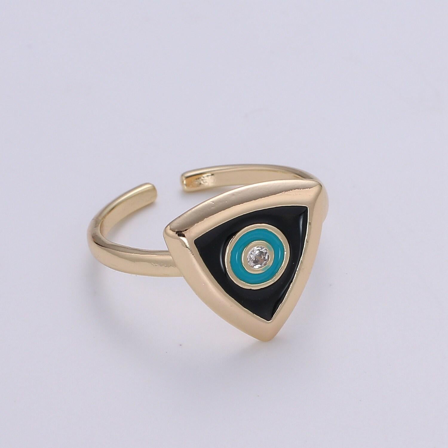 1x evil eye ring ,gold open adjustable ring minimalist jewelry enamel triangle ring everyday wear white black red o335