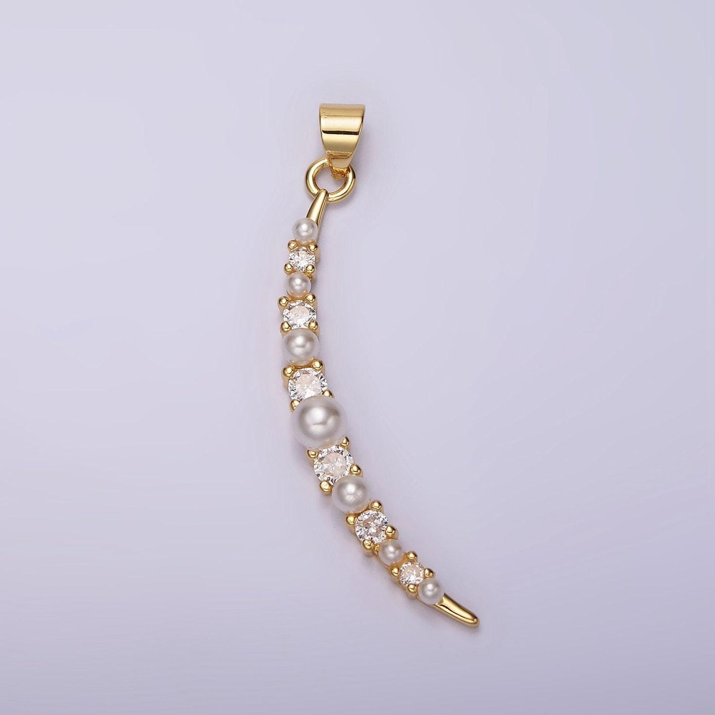 Dainty gold crescent moon pendant with cubic zirconia & pearl for celestial jewelry making necklace supply n-1952