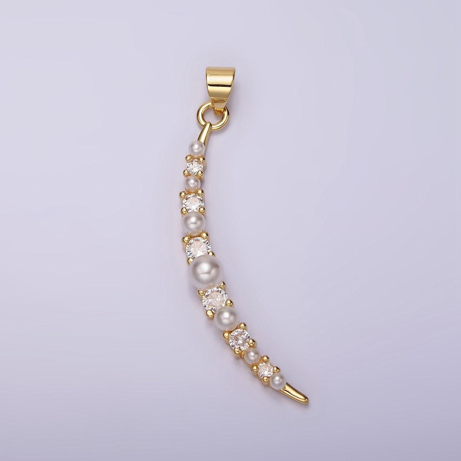 Dainty gold crescent moon pendant with cubic zirconia & pearl for celestial jewelry making necklace supply n-1952