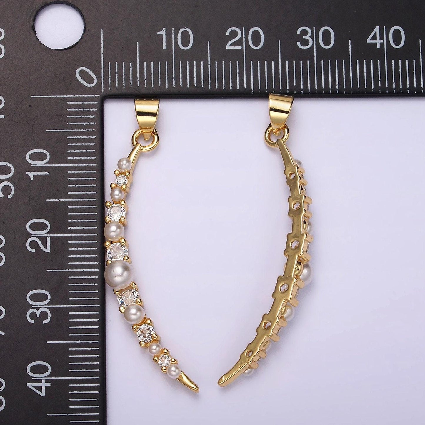 Dainty gold crescent moon pendant with cubic zirconia & pearl for celestial jewelry making necklace supply n-1952