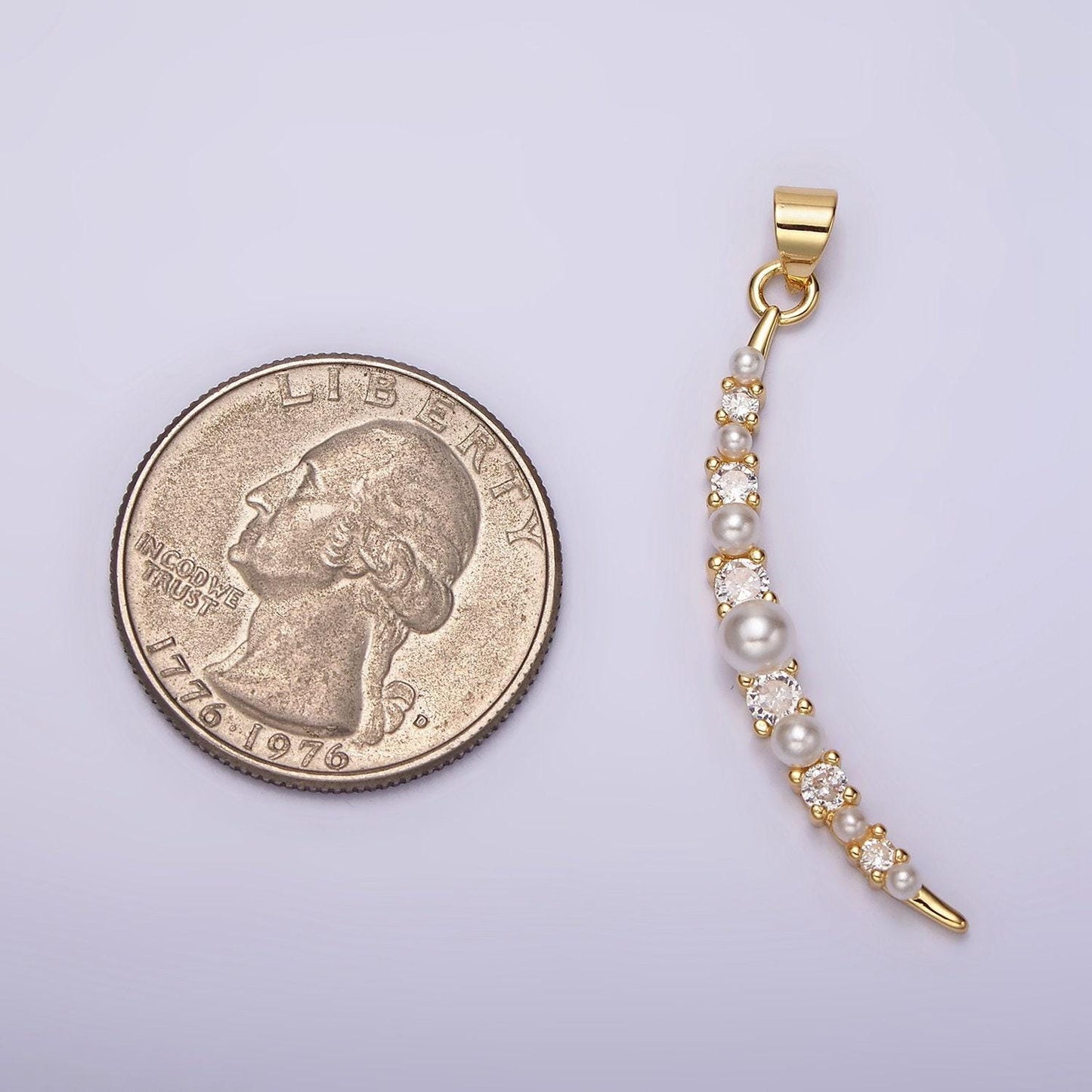 Dainty gold crescent moon pendant with cubic zirconia & pearl for celestial jewelry making necklace supply n-1952