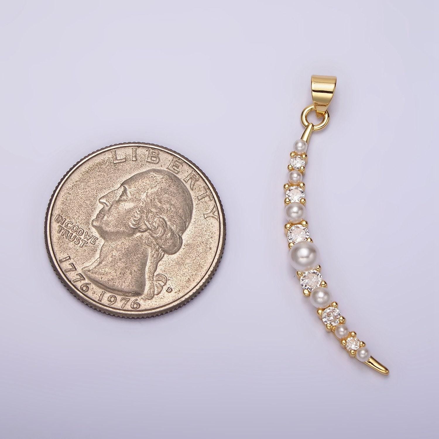 Dainty gold crescent moon pendant with cubic zirconia & pearl for celestial jewelry making necklace supply n-1952