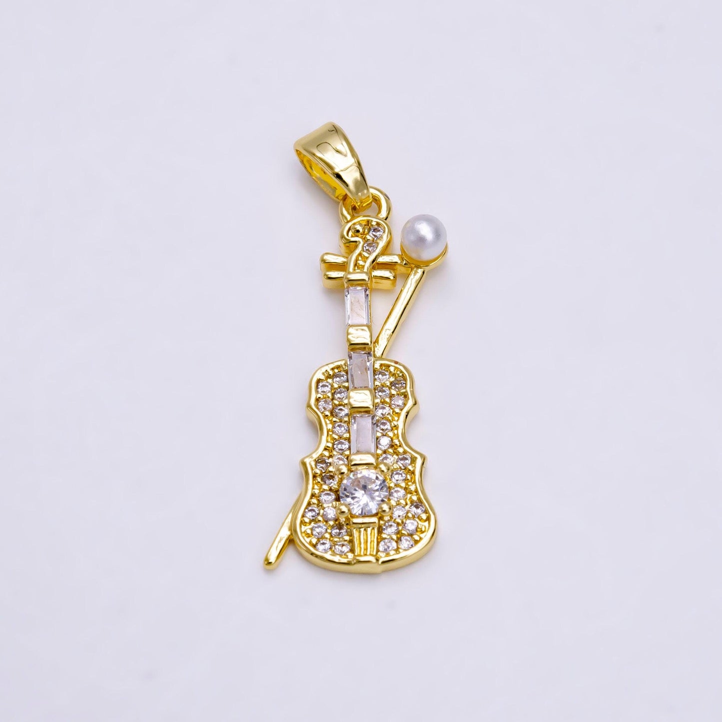 14k gold filled violin music instrument pearl clear baguette micro paved cz pendant | n1458