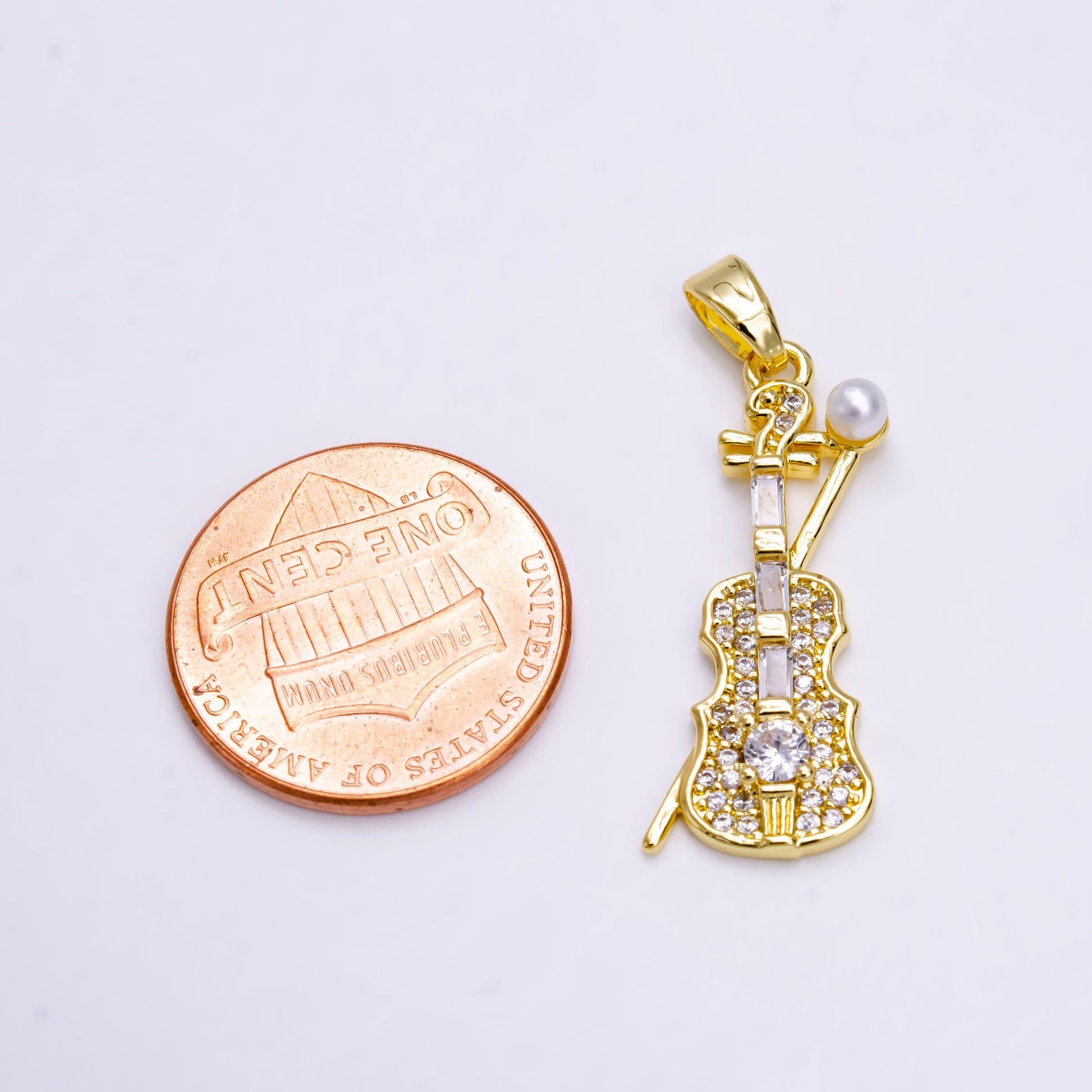 14k gold filled violin music instrument pearl clear baguette micro paved cz pendant | n1458