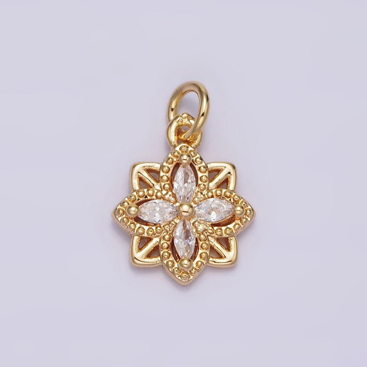 16k gold filled clear marquise cz beaded flower open square charm | n996