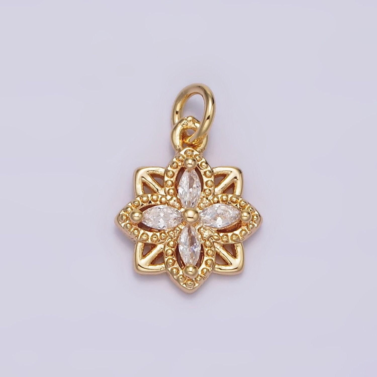 16k gold filled clear marquise cz beaded flower open square charm | n996