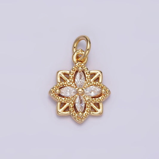 16k gold filled clear marquise cz beaded flower open square charm | n996