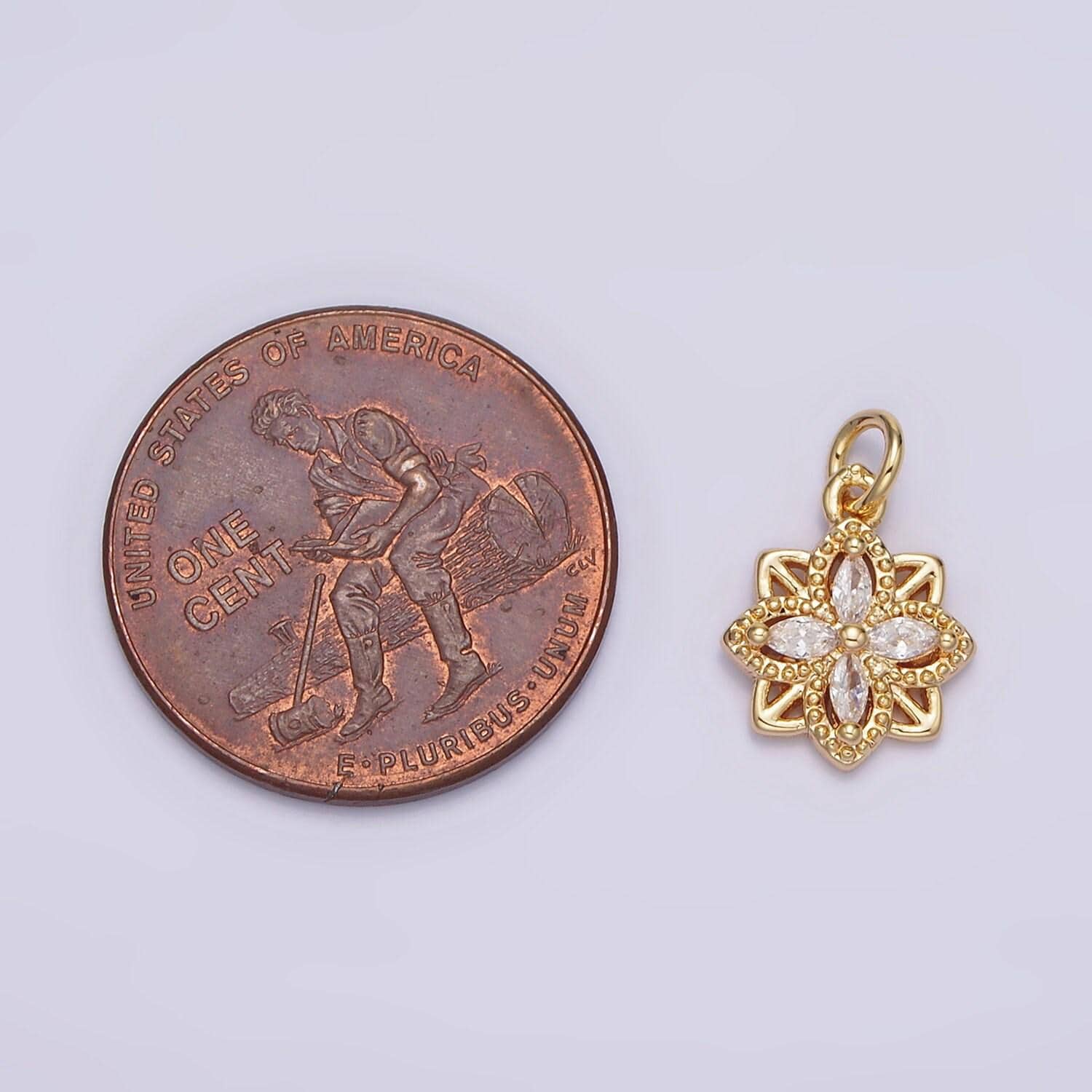 16k gold filled clear marquise cz beaded flower open square charm | n996