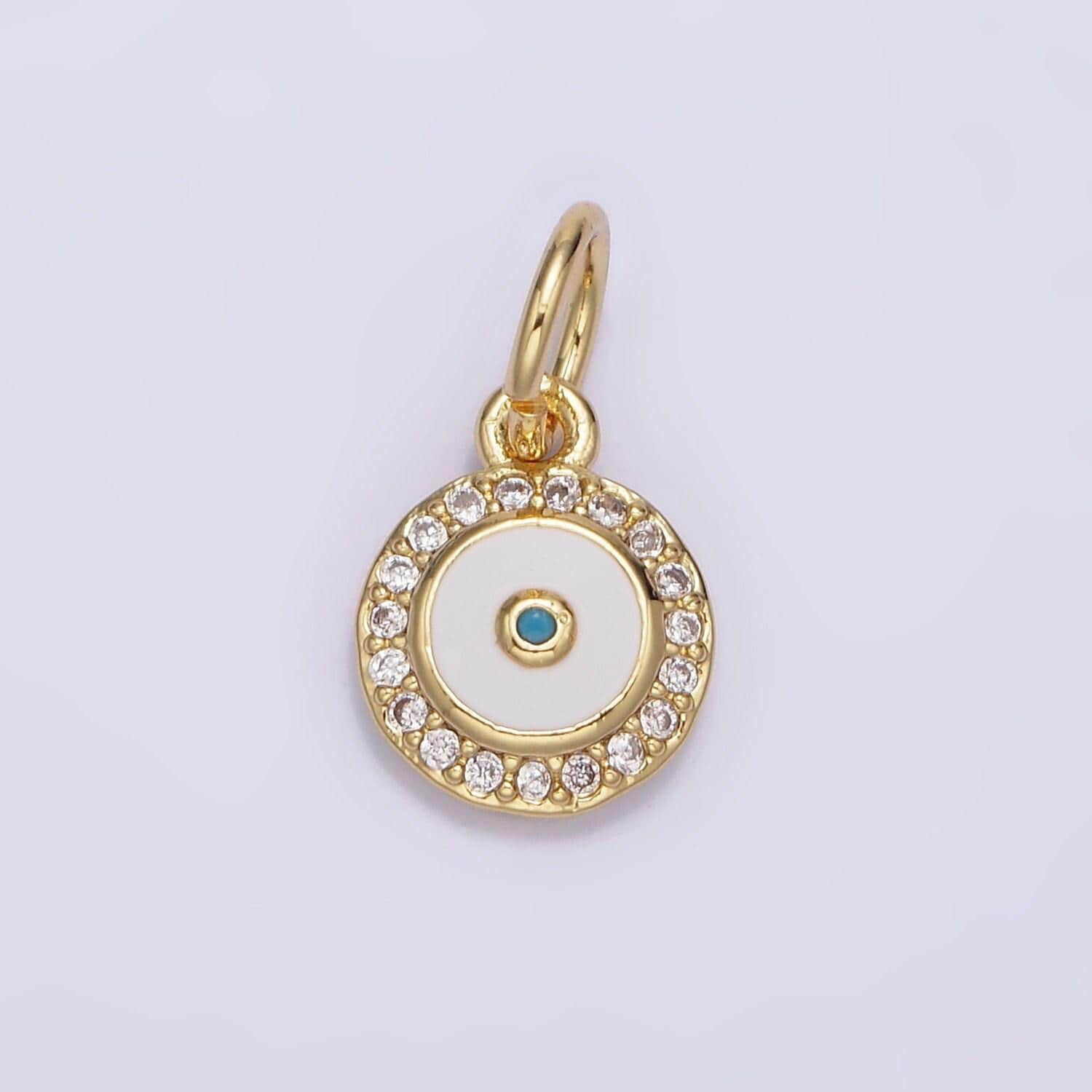 1x gold enamel eye charms, white enamel eye, gold cubic eye charm in round disc charm medallion for necklace dainty amulet n985