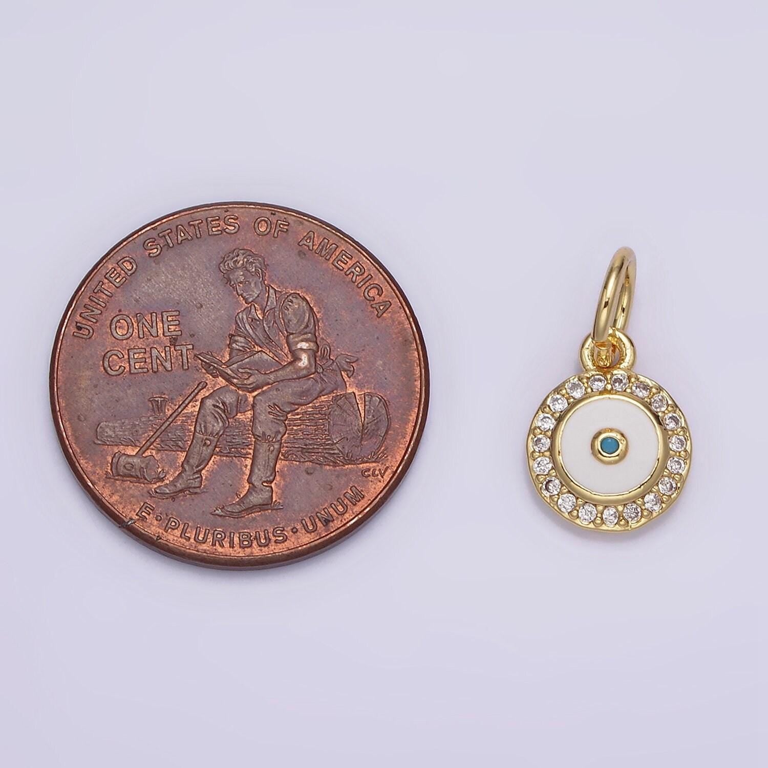 1x gold enamel eye charms, white enamel eye, gold cubic eye charm in round disc charm medallion for necklace dainty amulet n985