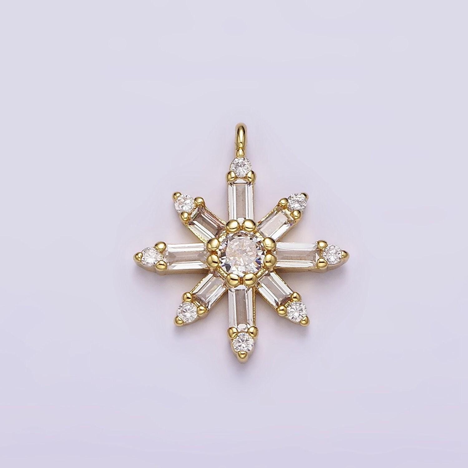 16k gold filled clear cz baguette celestial sun flower charm snow flake star pendant for bracelet necklace supply | n962