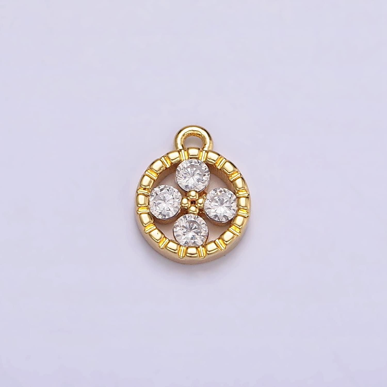 16k gold filled clear cz quatrefoil round line-textured add-on charm | n958