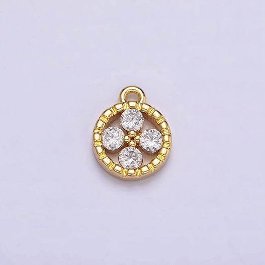 16k gold filled clear cz quatrefoil round line-textured add-on charm | n958