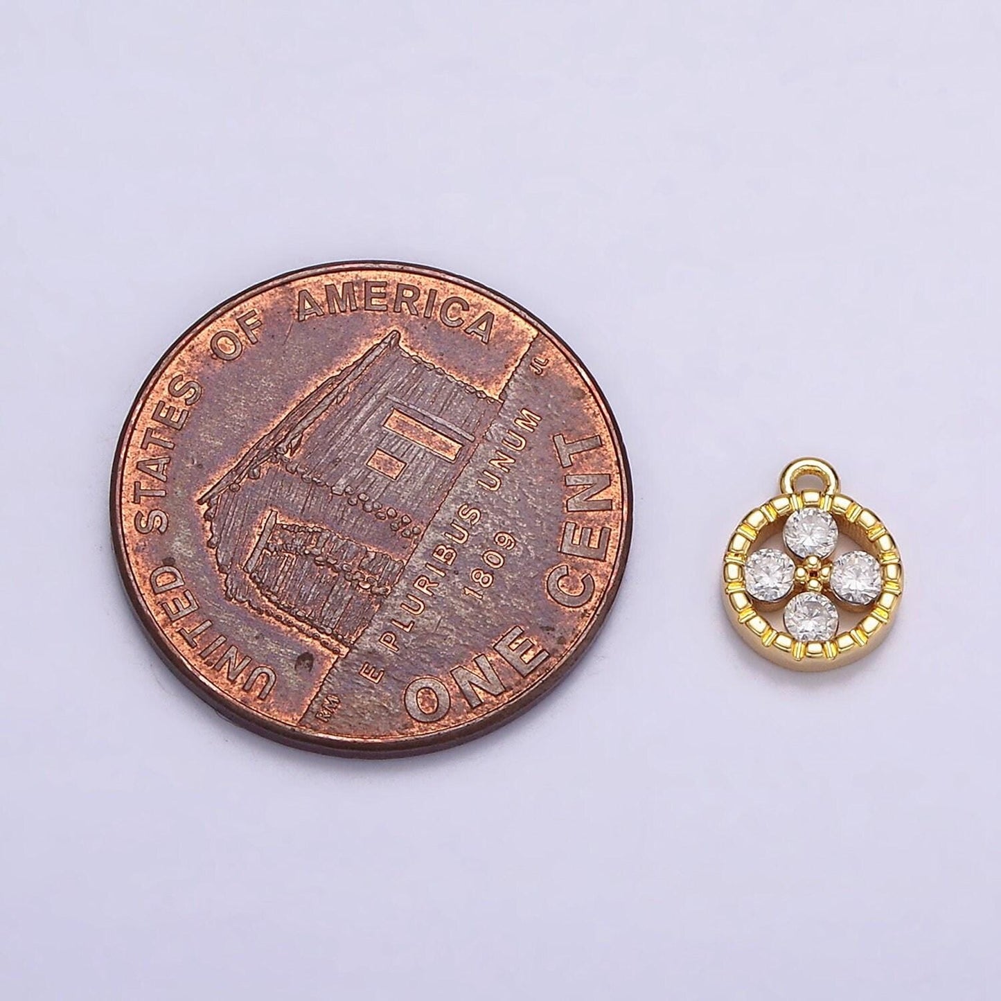 16k gold filled clear cz quatrefoil round line-textured add-on charm | n958