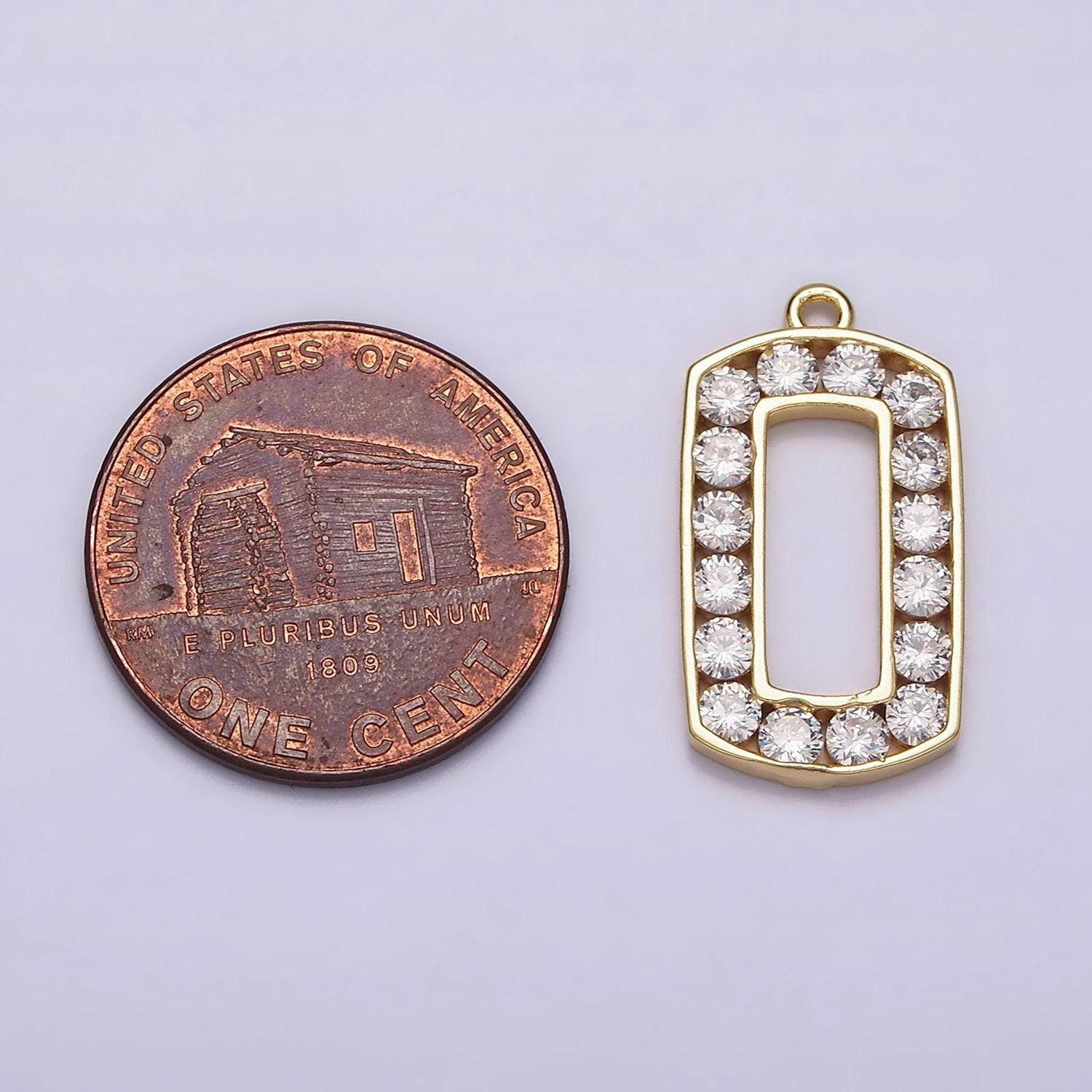 16k gold filled clear cz lined open rectangular tag charm | n951