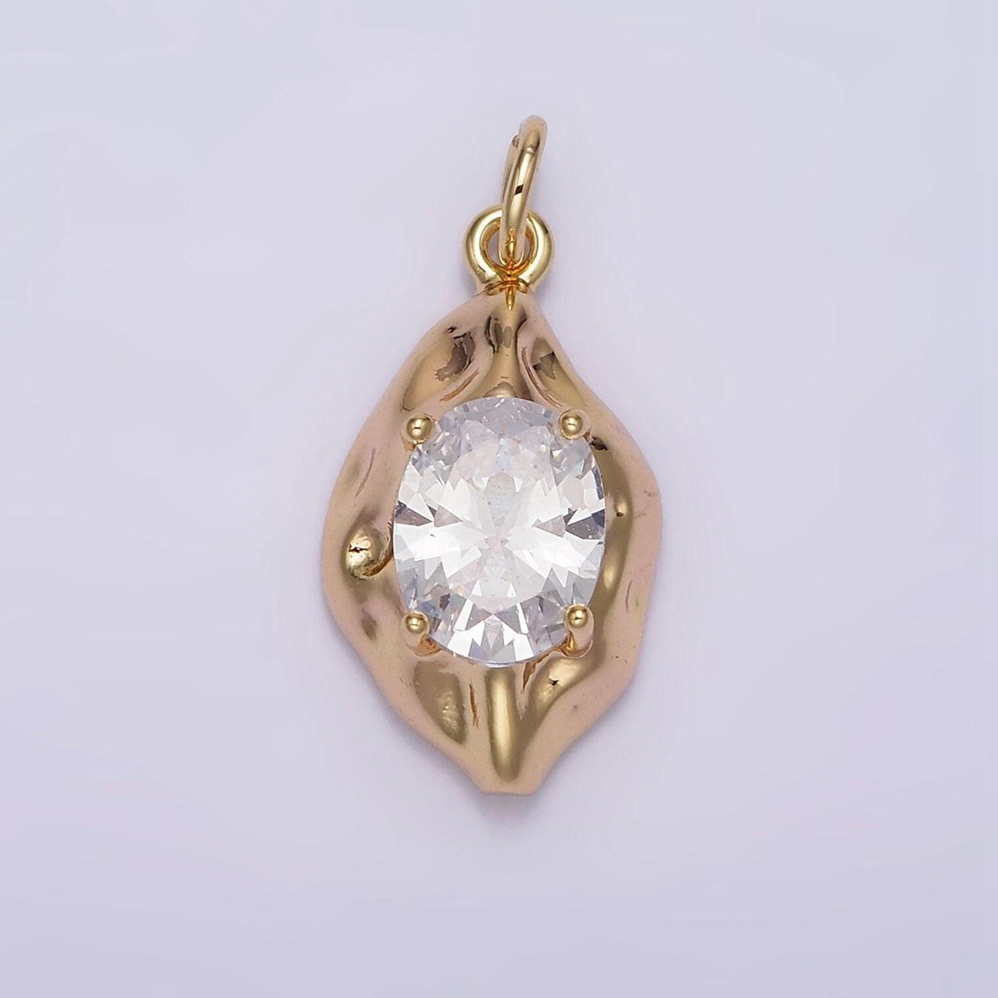 16k gold filled clear cz oval abstract pendant geometric hammered molten charm | n940