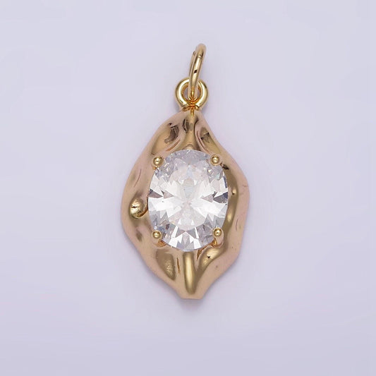 16k gold filled clear cz oval abstract pendant geometric hammered molten charm | n940