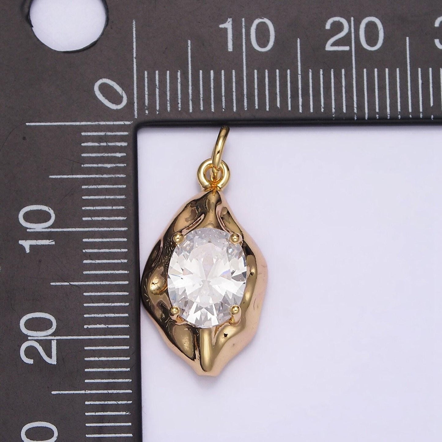 16k gold filled clear cz oval abstract pendant geometric hammered molten charm | n940