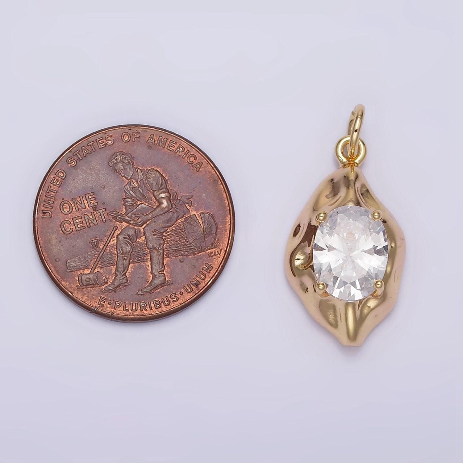 16k gold filled clear cz oval abstract pendant geometric hammered molten charm | n940