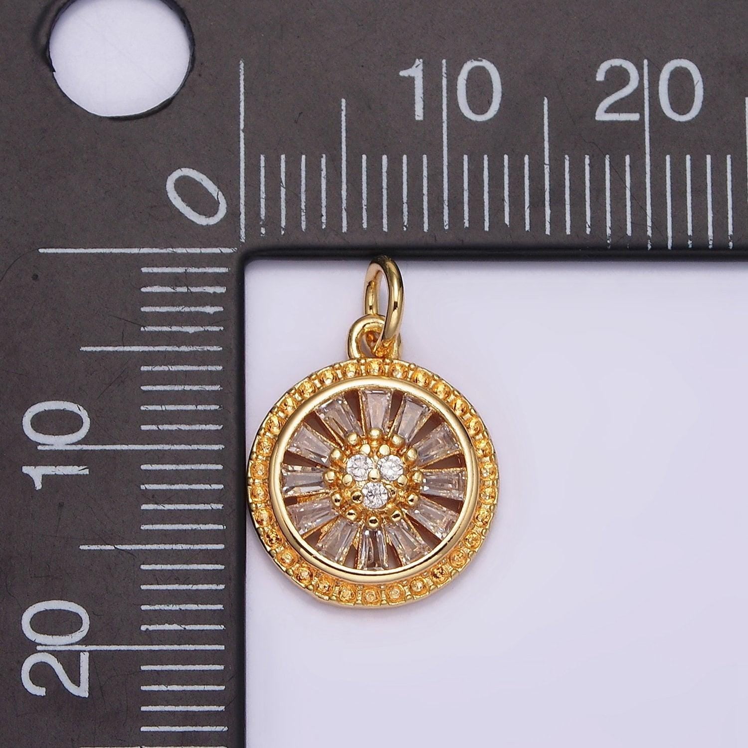 16k gold filled clear cz baguette open dotted outline round charm | n939
