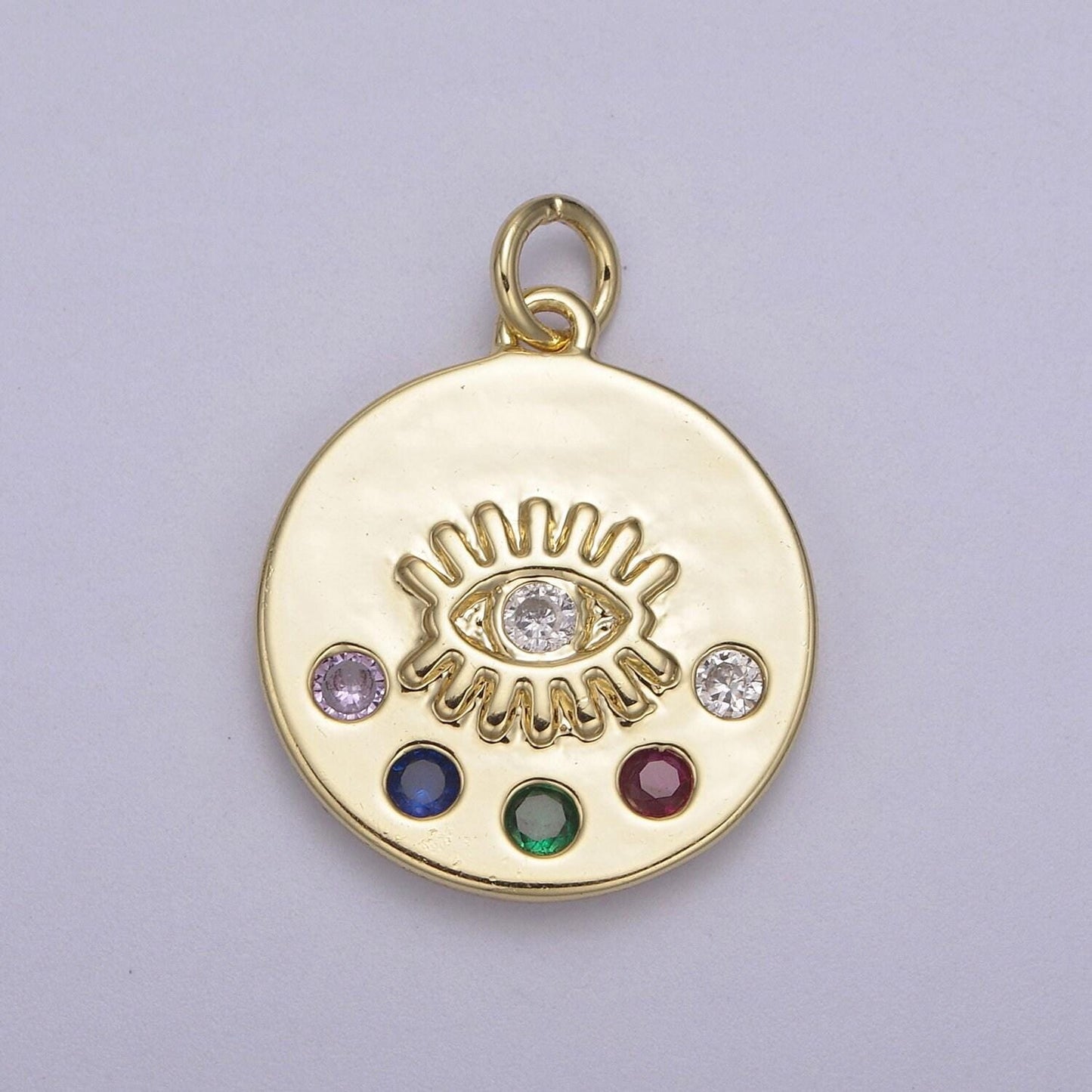 Tiny evil eye medallion with 5 multi color cz 14k gold filled | diy pendant charm necklace bracelet earring | n-929