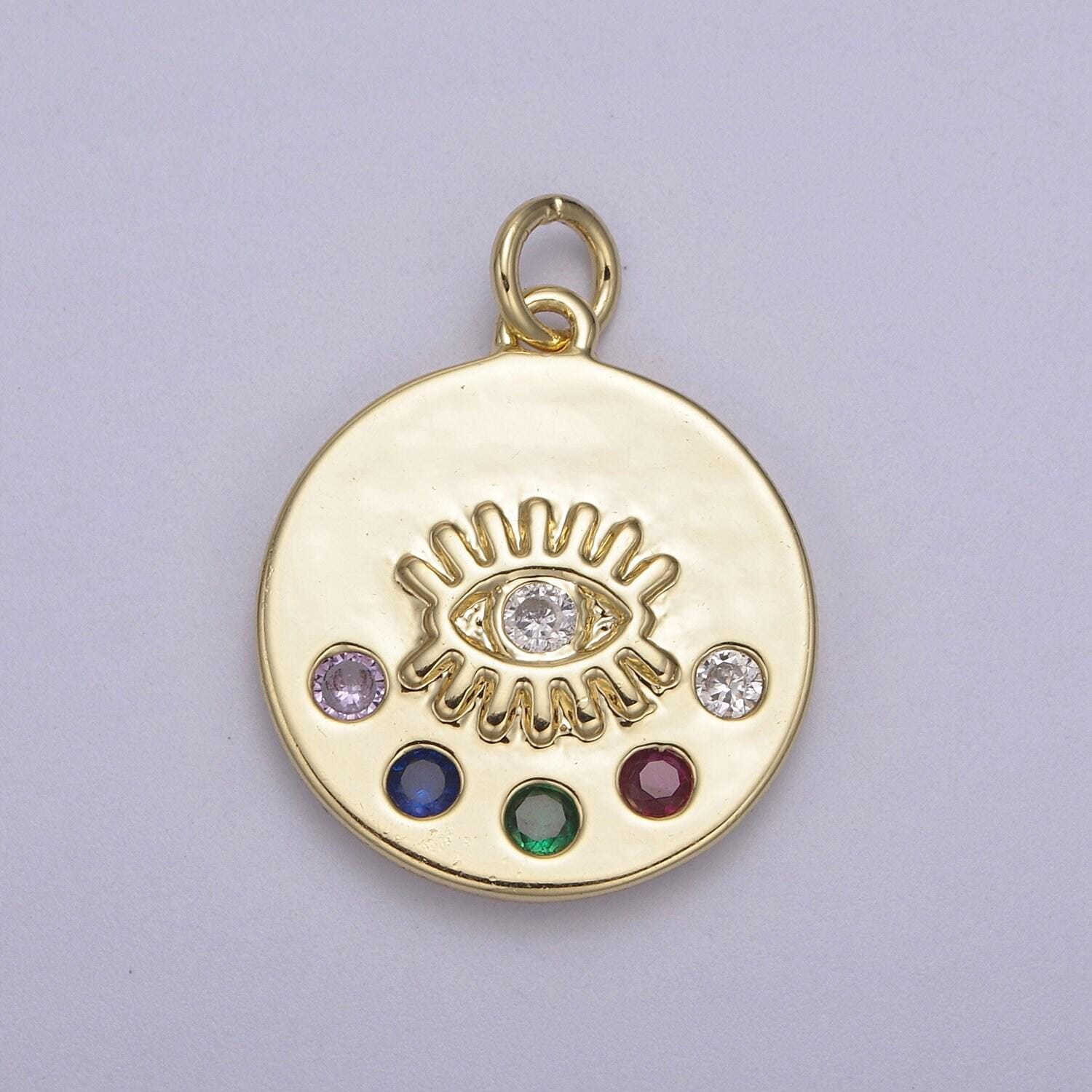 Tiny evil eye medallion with 5 multi color cz 14k gold filled | diy pendant charm necklace bracelet earring | n-929