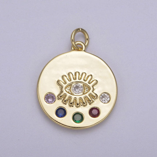 Tiny evil eye medallion with 5 multi color cz 14k gold filled | diy pendant charm necklace bracelet earring | n-929