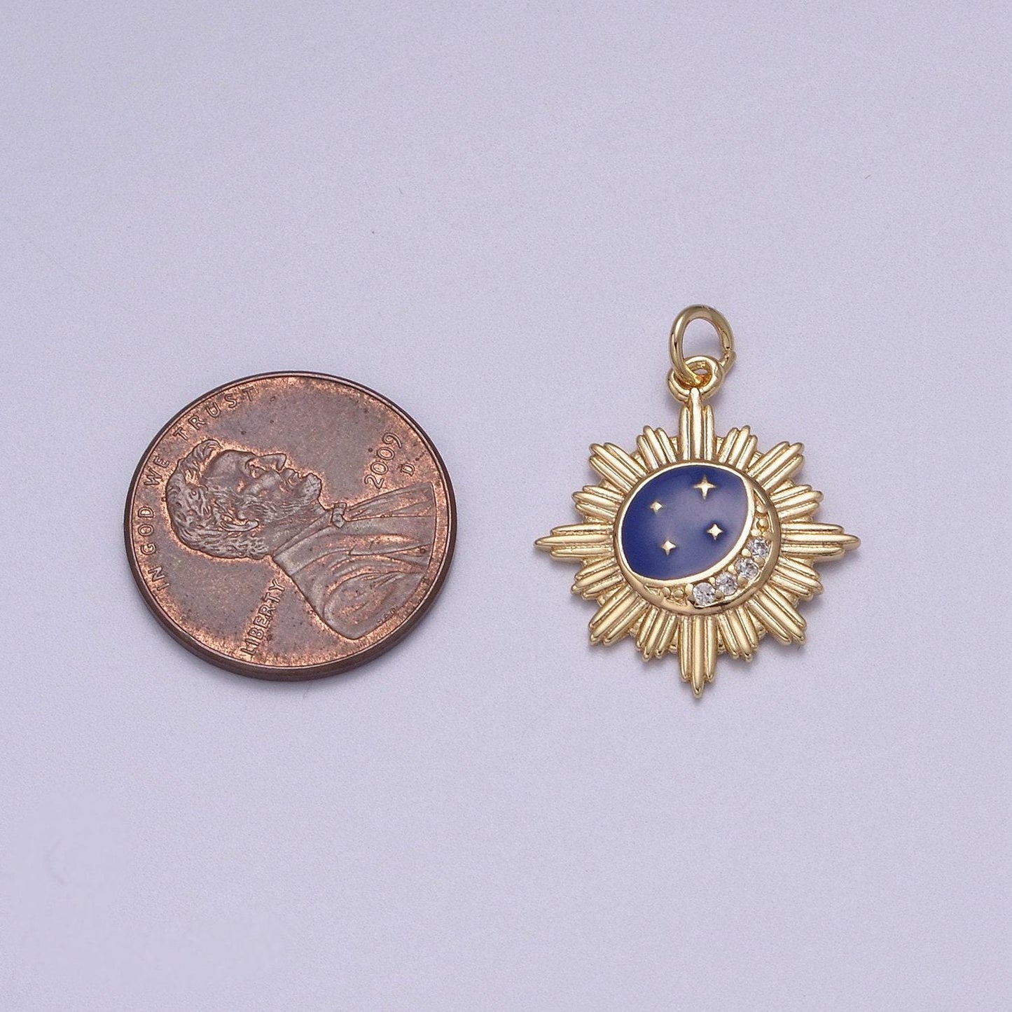 Dainty sunburst crescent moon stars medallion w/ micro cz paved blue enamel sky | diy charm piece for necklace bracelet earring | n-919